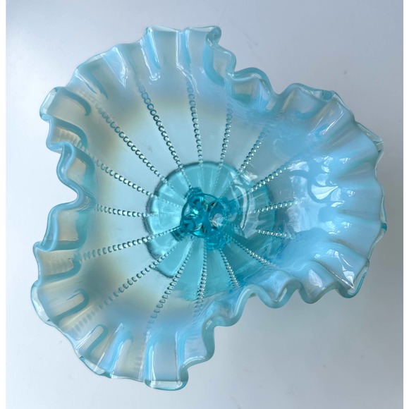 Vintage Fenton For LG Wright Blue Opalescent Beaded Footed Ruffled Edge Compote - Picture 6 of 14